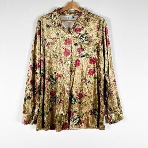 Fly curvy gold velvet floral button up shirt size  XXL